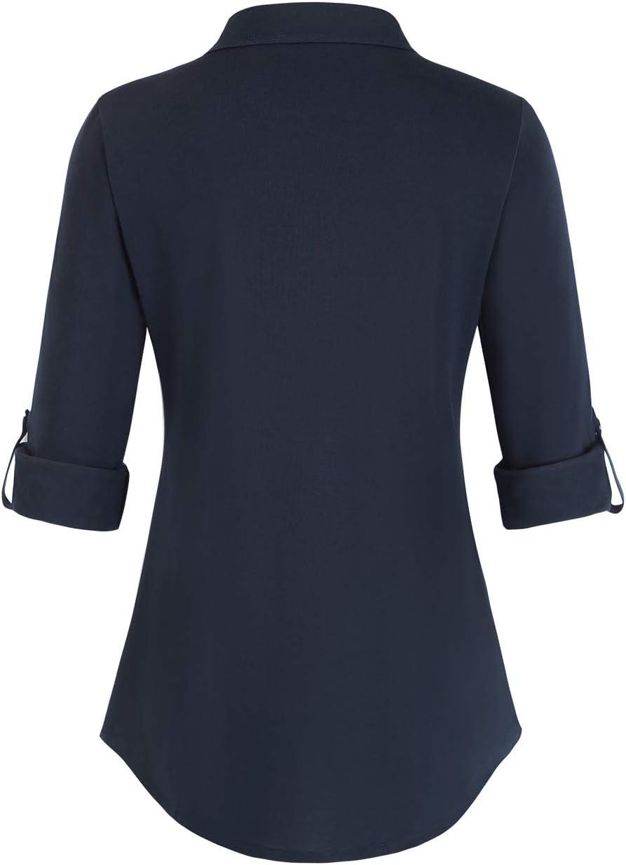 image:imageDJT Womens Soft Stretchy Knit Plaid Shirts Roll Up Long Sleeve Collared Button Down Blouses TopsNavy