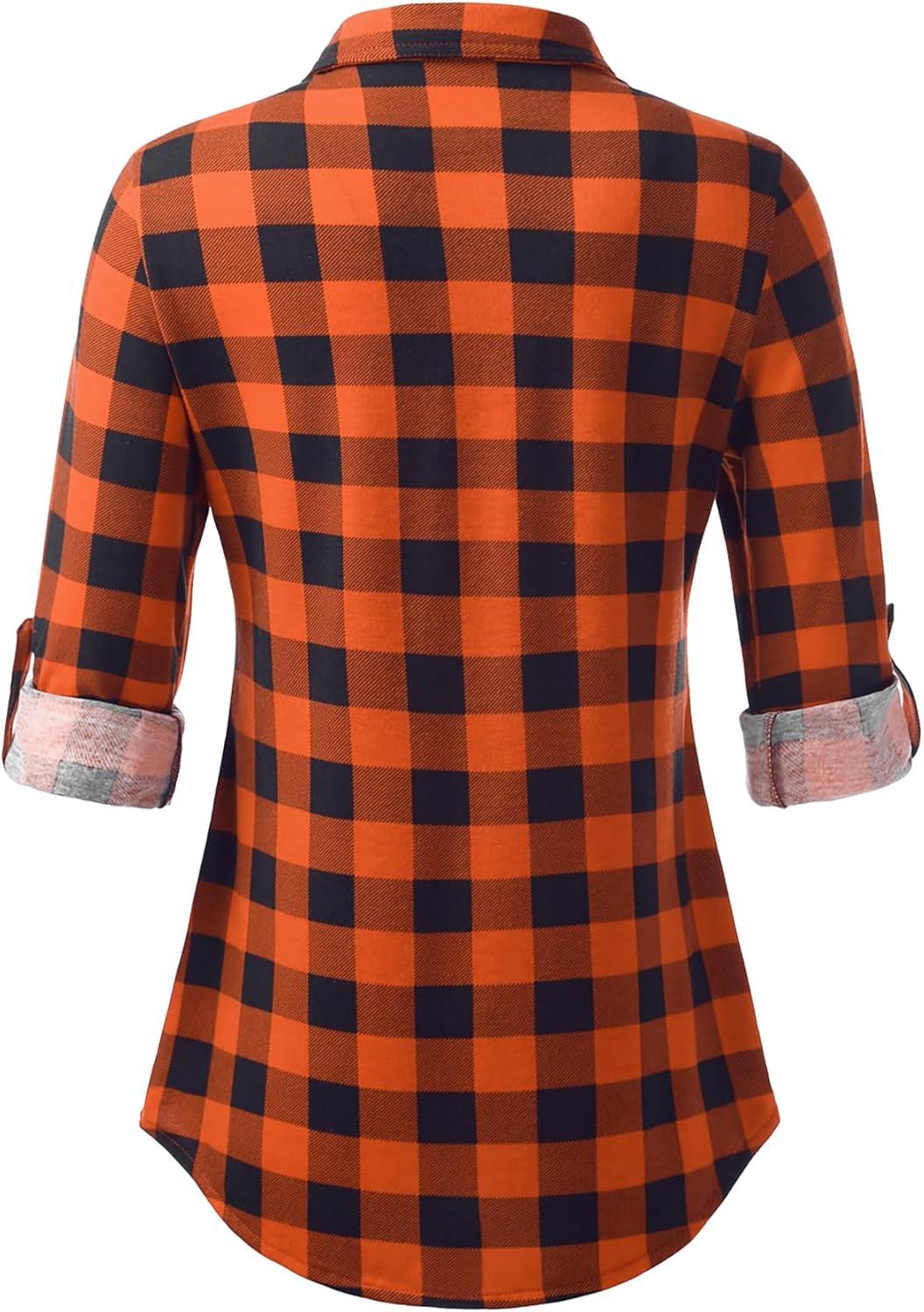 image:imageDJT Womens Soft Stretchy Knit Plaid Shirts Roll Up Long Sleeve Collared Button Down Blouses TopsOrange