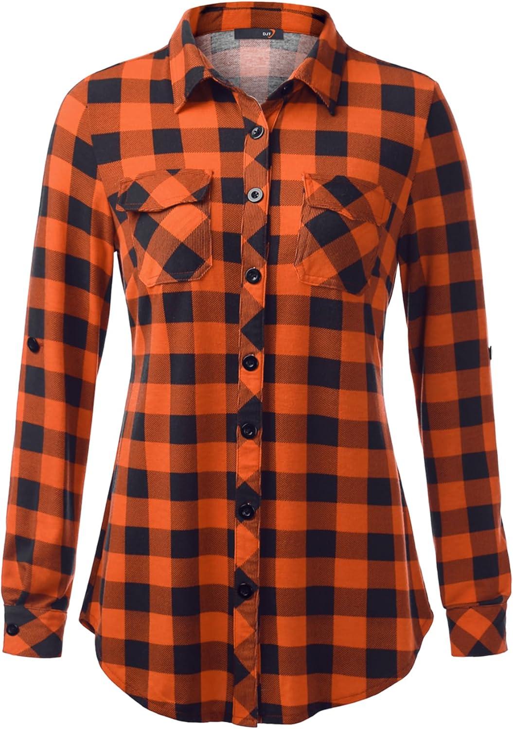 image:imageDJT Womens Soft Stretchy Knit Plaid Shirts Roll Up Long Sleeve Collared Button Down Blouses TopsOrange
