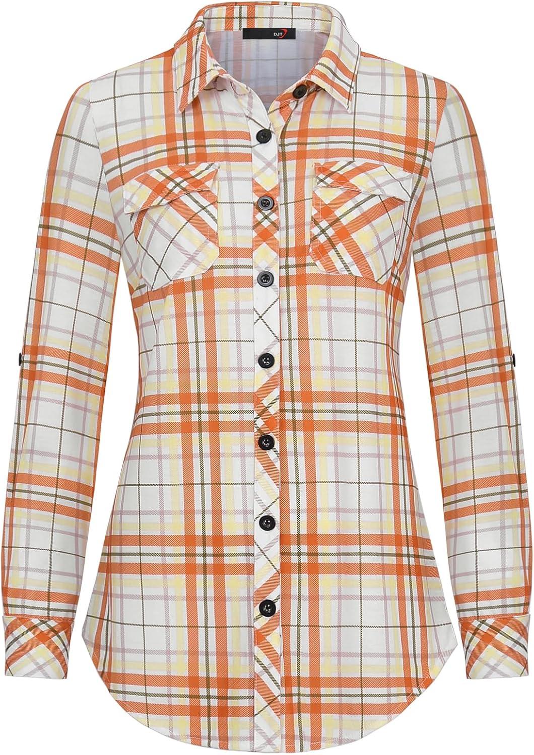 image:imageDJT Womens Soft Stretchy Knit Plaid Shirts Roll Up Long Sleeve Collared Button Down Blouses TopsOrangewhite