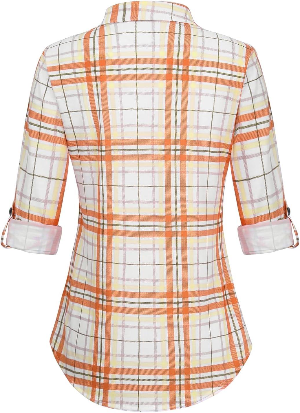image:imageDJT Womens Soft Stretchy Knit Plaid Shirts Roll Up Long Sleeve Collared Button Down Blouses TopsOrangewhite