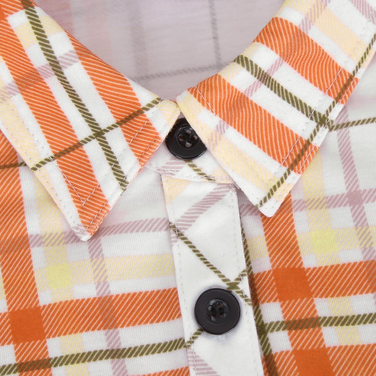 image:imageDJT Womens Soft Stretchy Knit Plaid Shirts Roll Up Long Sleeve Collared Button Down Blouses TopsOrangewhite