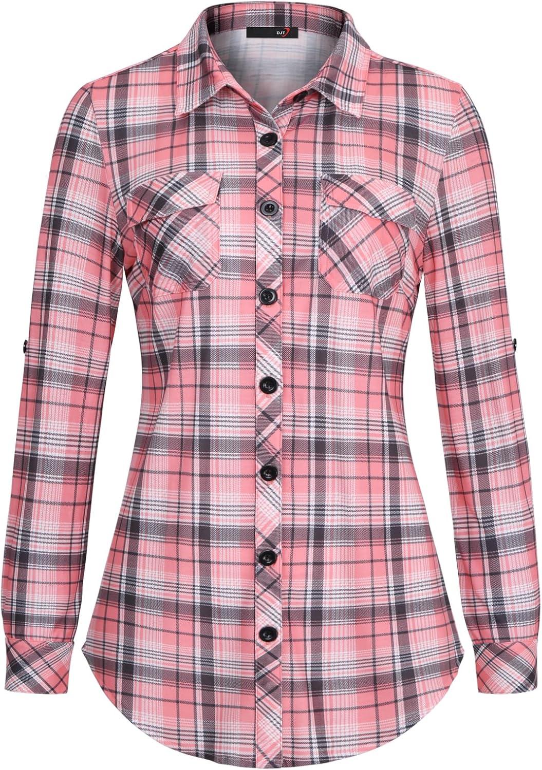 image:imageDJT Womens Soft Stretchy Knit Plaid Shirts Roll Up Long Sleeve Collared Button Down Blouses TopsPink Plaid