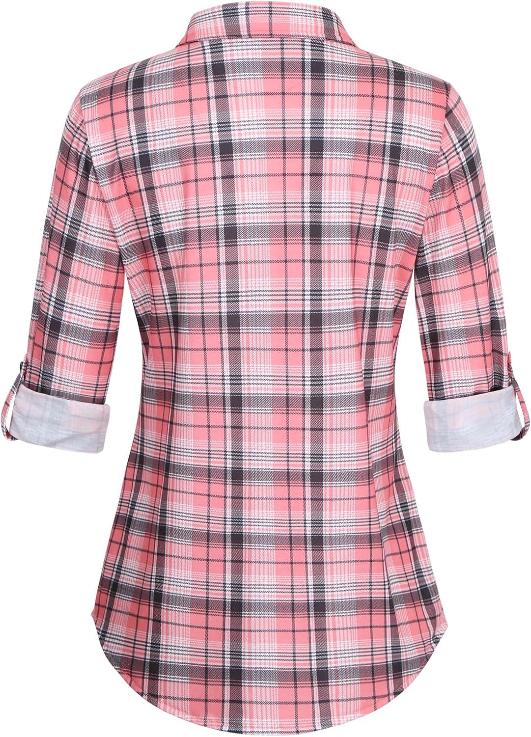 image:imageDJT Womens Soft Stretchy Knit Plaid Shirts Roll Up Long Sleeve Collared Button Down Blouses TopsPink Plaid
