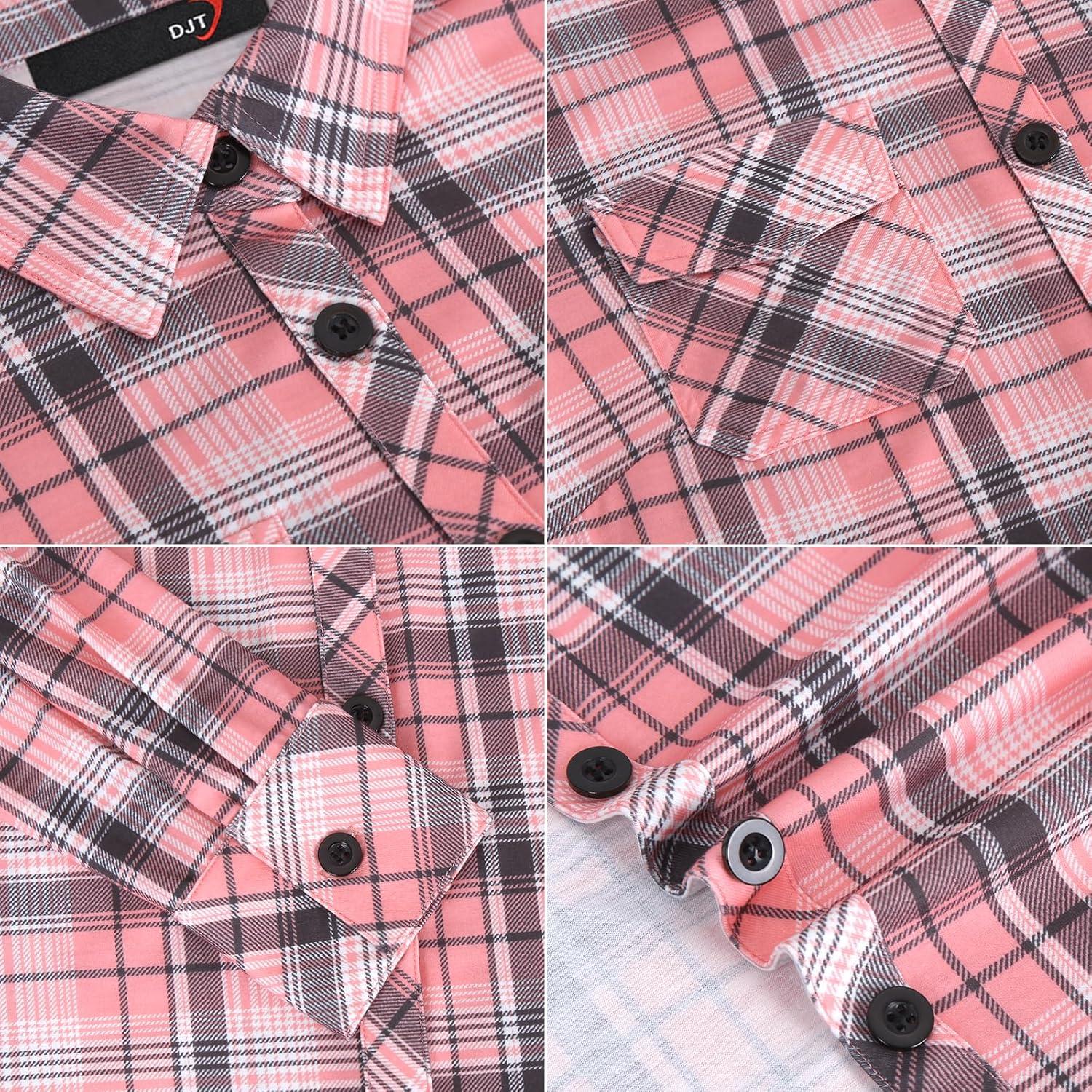 image:imageDJT Womens Soft Stretchy Knit Plaid Shirts Roll Up Long Sleeve Collared Button Down Blouses TopsPink Plaid