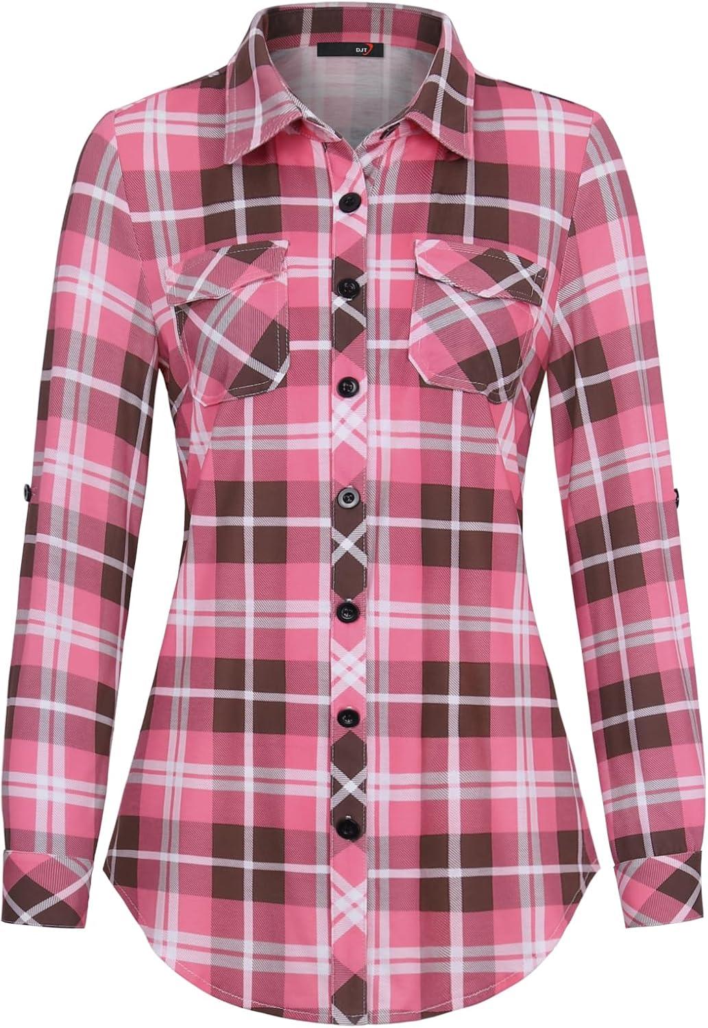 image:imageDJT Womens Soft Stretchy Knit Plaid Shirts Roll Up Long Sleeve Collared Button Down Blouses TopsPinkcoffee