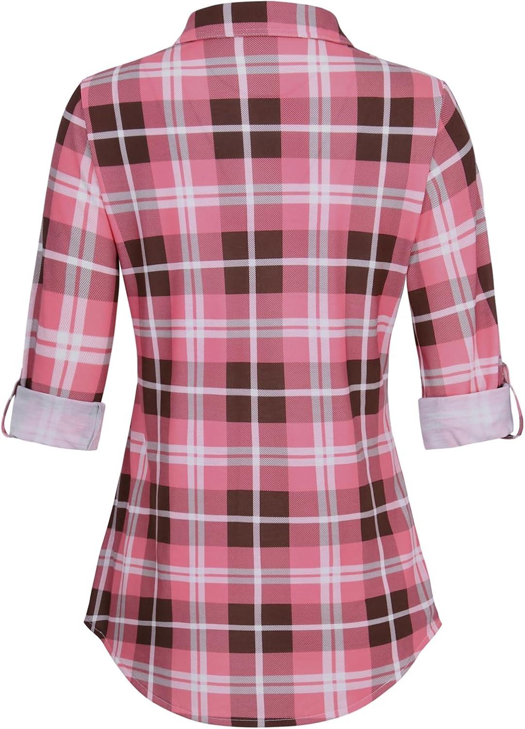 image:imageDJT Womens Soft Stretchy Knit Plaid Shirts Roll Up Long Sleeve Collared Button Down Blouses TopsPinkcoffee
