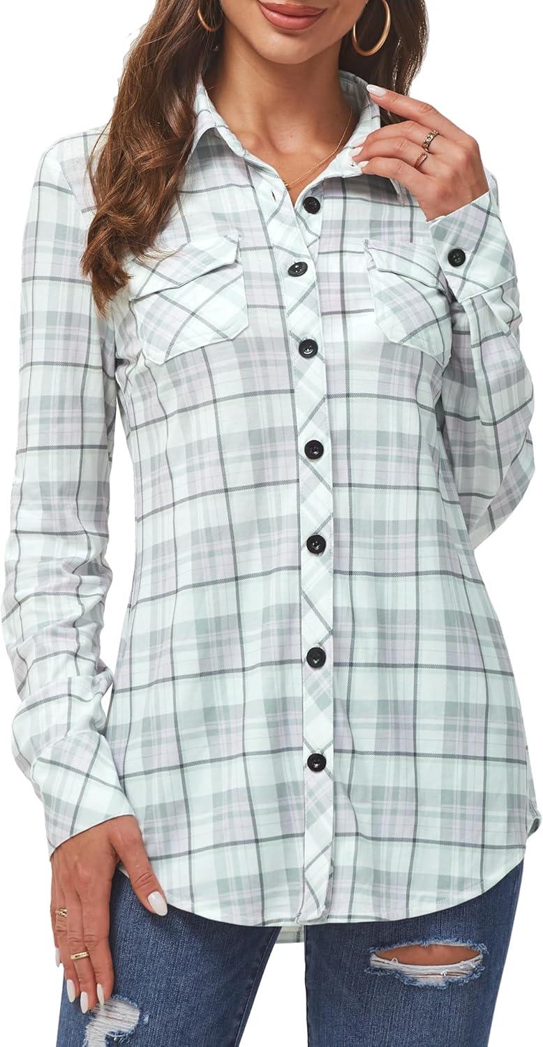 image:imageDJT Womens Soft Stretchy Knit Plaid Shirts Roll Up Long Sleeve Collared Button Down Blouses TopsPinkwhite
