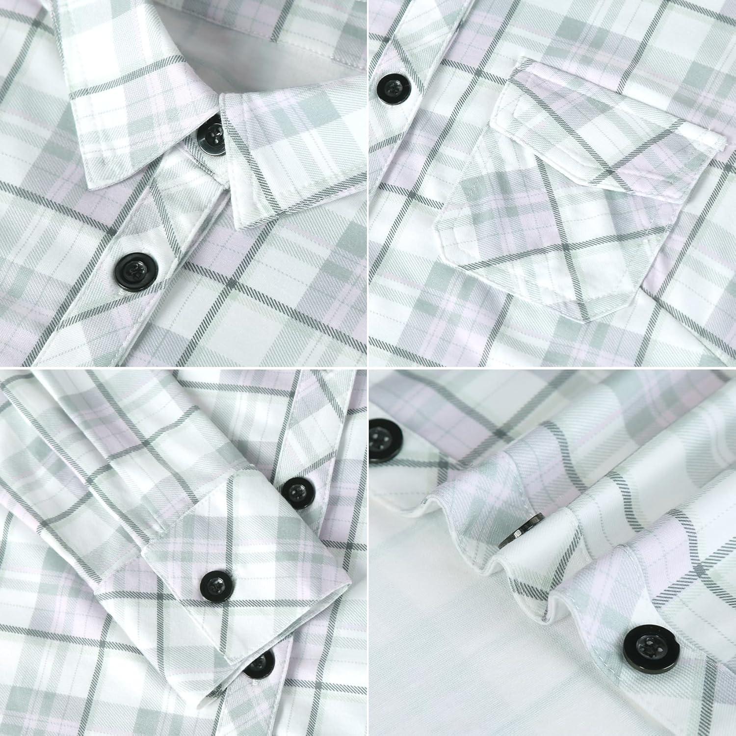image:imageDJT Womens Soft Stretchy Knit Plaid Shirts Roll Up Long Sleeve Collared Button Down Blouses TopsPinkwhite