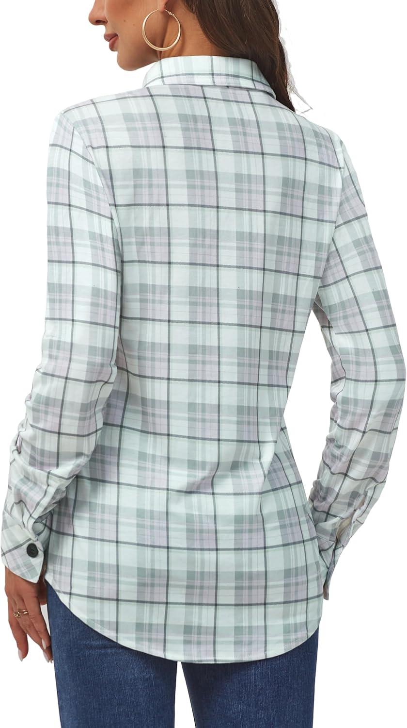 image:imageDJT Womens Soft Stretchy Knit Plaid Shirts Roll Up Long Sleeve Collared Button Down Blouses TopsPinkwhite