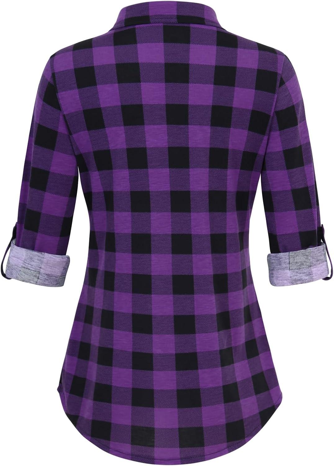 image:imageDJT Womens Soft Stretchy Knit Plaid Shirts Roll Up Long Sleeve Collared Button Down Blouses TopsPurple Black