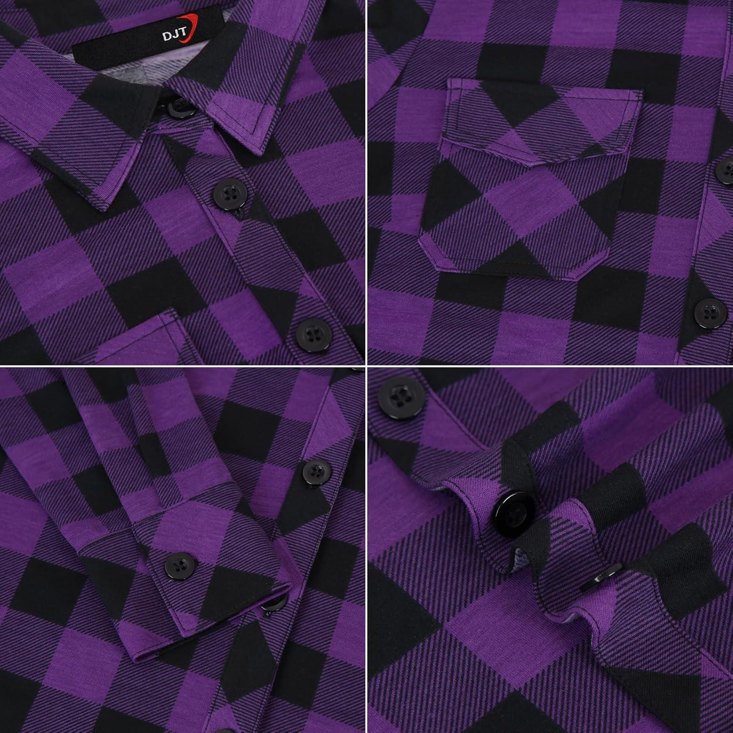 image:imageDJT Womens Soft Stretchy Knit Plaid Shirts Roll Up Long Sleeve Collared Button Down Blouses TopsPurple Black