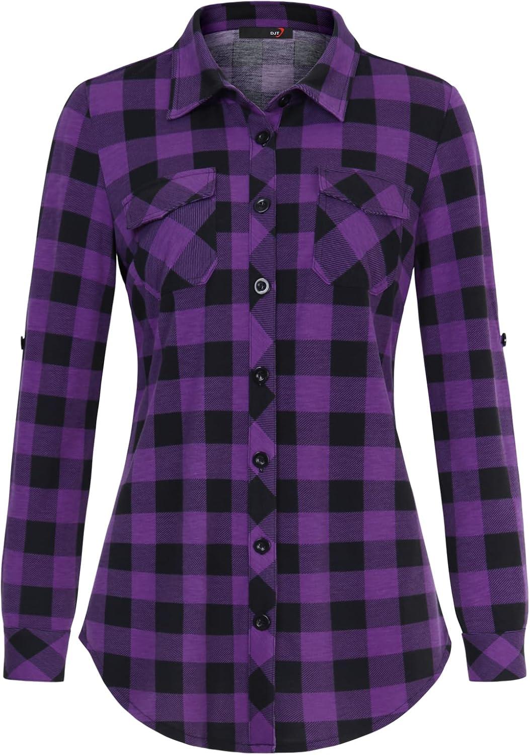 image:imageDJT Womens Soft Stretchy Knit Plaid Shirts Roll Up Long Sleeve Collared Button Down Blouses TopsPurple Black