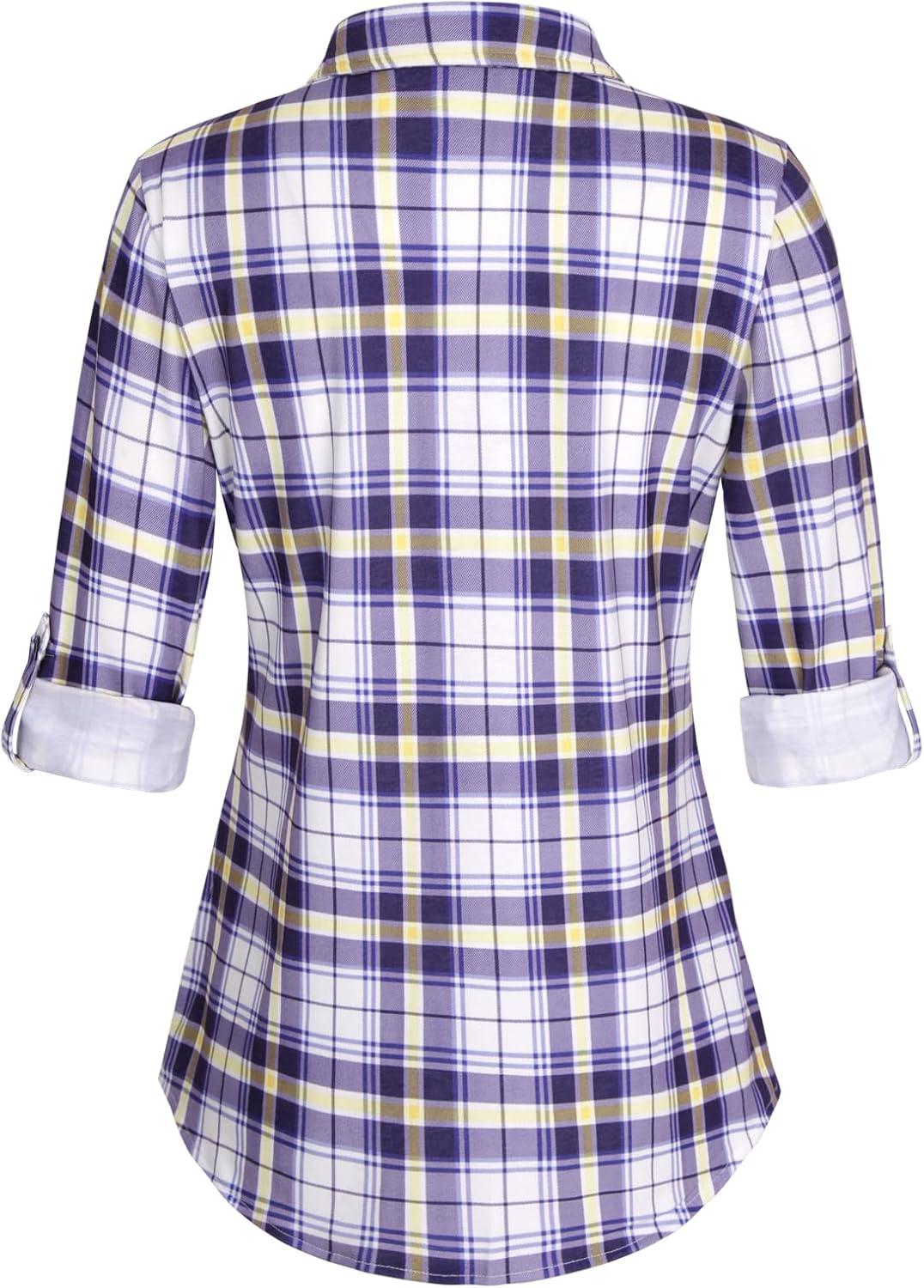 image:imageDJT Womens Soft Stretchy Knit Plaid Shirts Roll Up Long Sleeve Collared Button Down Blouses TopsPurple Plaid