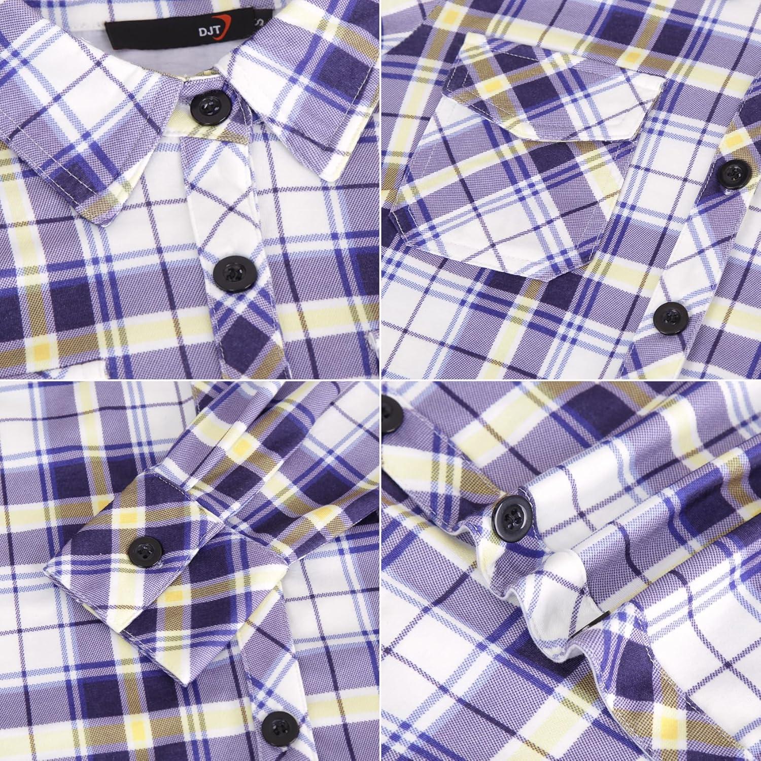 image:imageDJT Womens Soft Stretchy Knit Plaid Shirts Roll Up Long Sleeve Collared Button Down Blouses TopsPurple Plaid