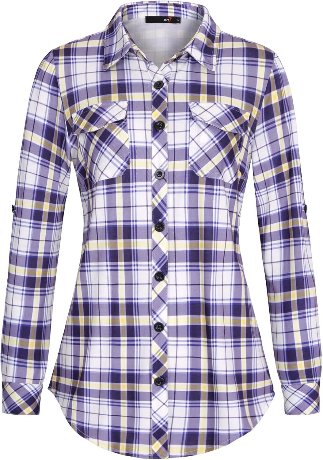 image:imageDJT Womens Soft Stretchy Knit Plaid Shirts Roll Up Long Sleeve Collared Button Down Blouses TopsPurple Plaid