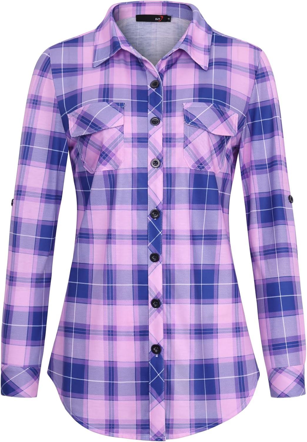 image:imageDJT Womens Soft Stretchy Knit Plaid Shirts Roll Up Long Sleeve Collared Button Down Blouses TopsPurplepink