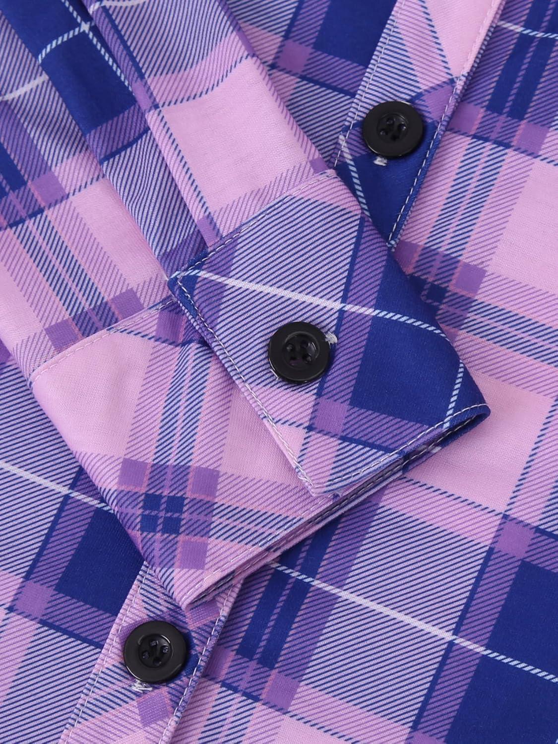 image:imageDJT Womens Soft Stretchy Knit Plaid Shirts Roll Up Long Sleeve Collared Button Down Blouses TopsPurplepink