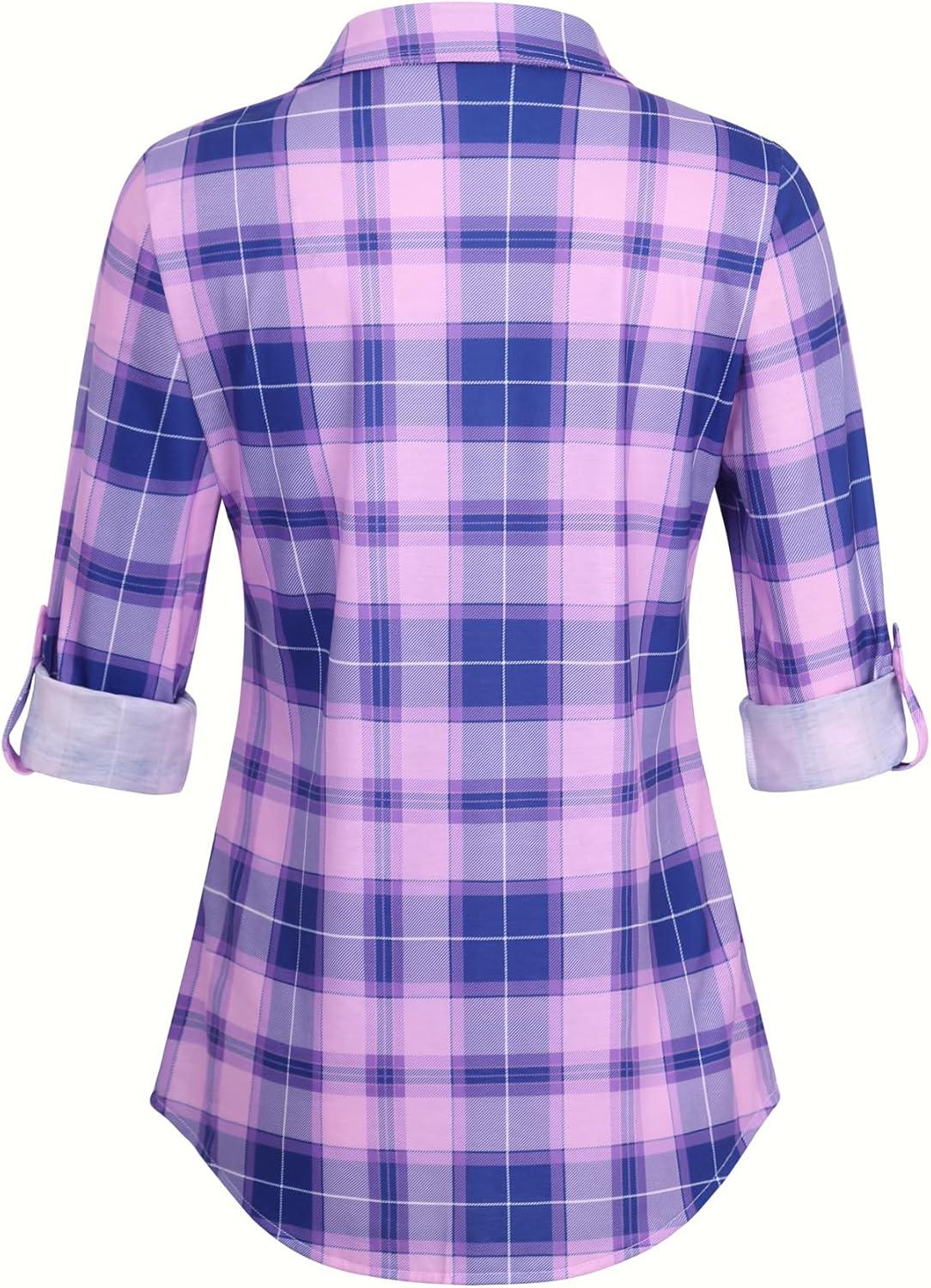 image:imageDJT Womens Soft Stretchy Knit Plaid Shirts Roll Up Long Sleeve Collared Button Down Blouses TopsPurplepink