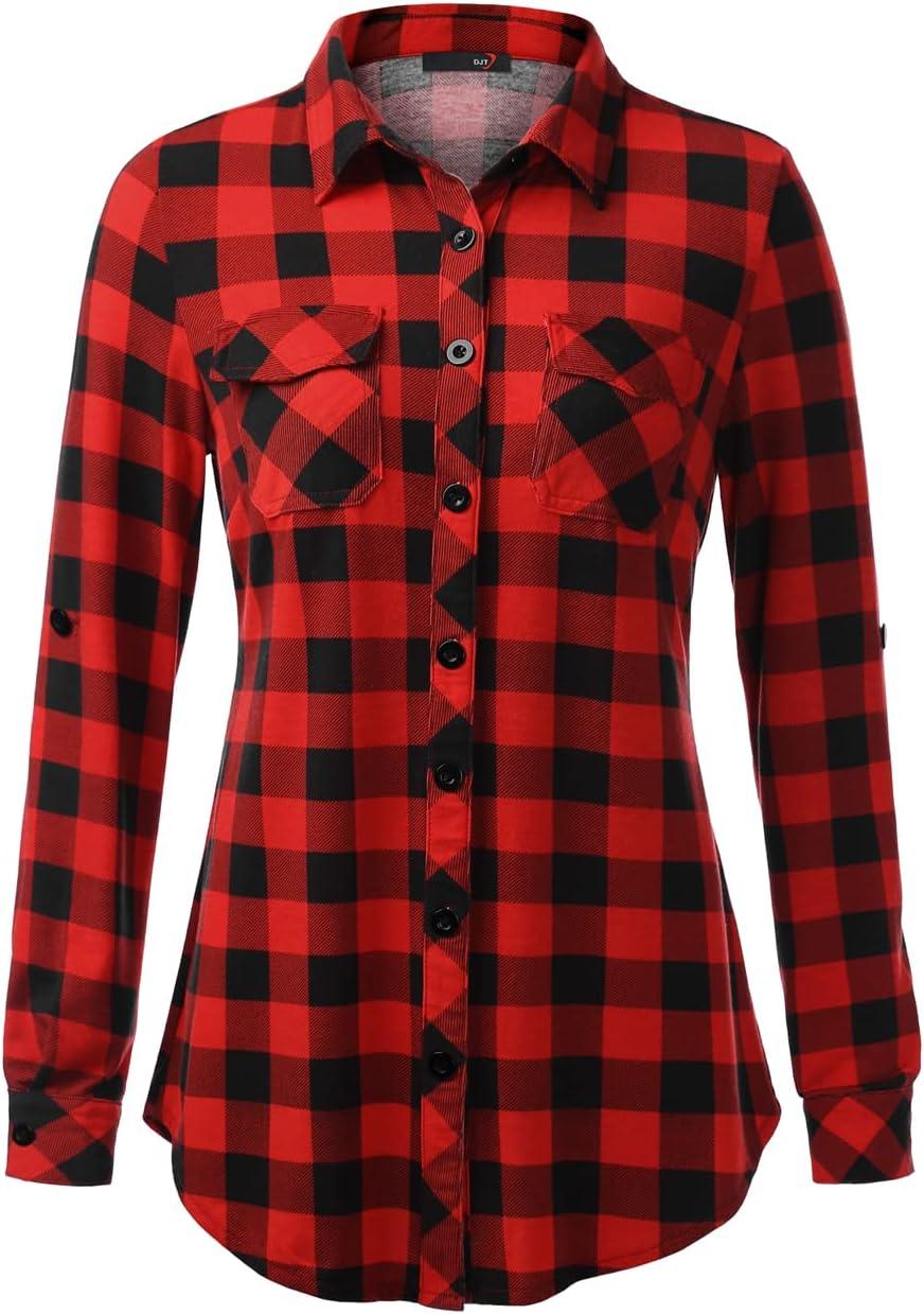 image:imageDJT Womens Soft Stretchy Knit Plaid Shirts Roll Up Long Sleeve Collared Button Down Blouses TopsRed