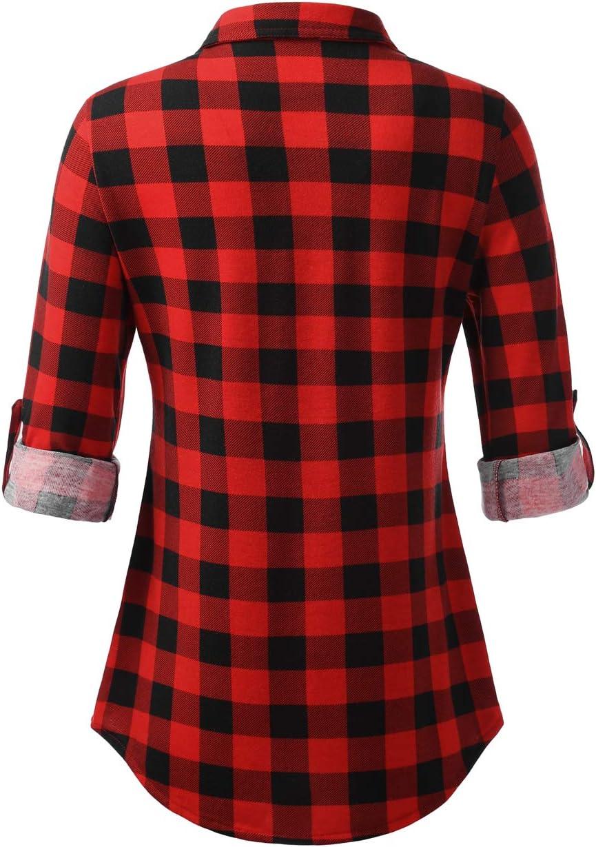 image:imageDJT Womens Soft Stretchy Knit Plaid Shirts Roll Up Long Sleeve Collared Button Down Blouses TopsRed