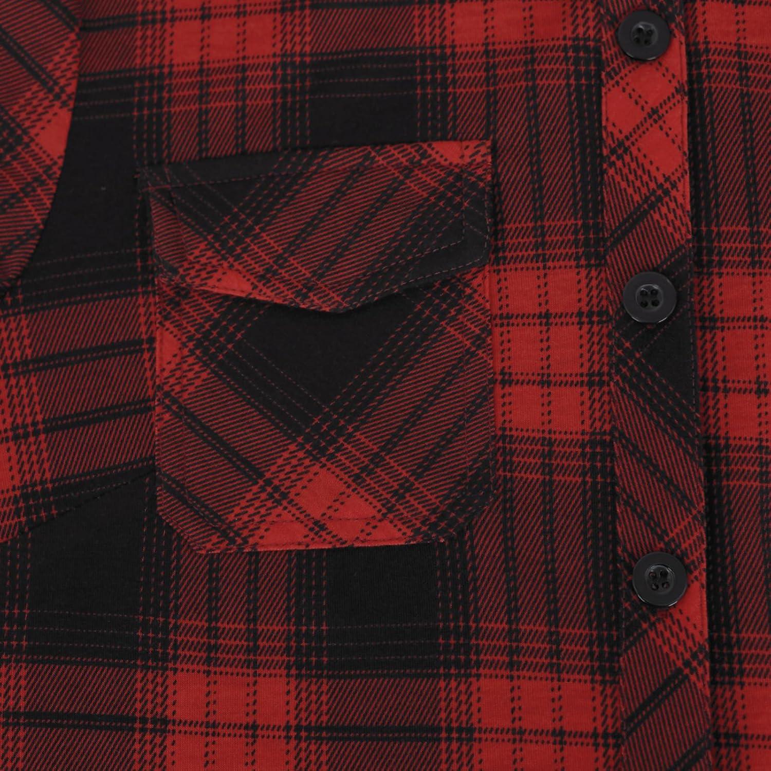 image:imageDJT Womens Soft Stretchy Knit Plaid Shirts Roll Up Long Sleeve Collared Button Down Blouses TopsRed Black Plaid