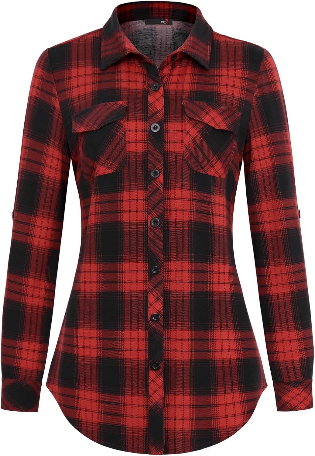 image:imageDJT Womens Soft Stretchy Knit Plaid Shirts Roll Up Long Sleeve Collared Button Down Blouses TopsRed Black Plaid