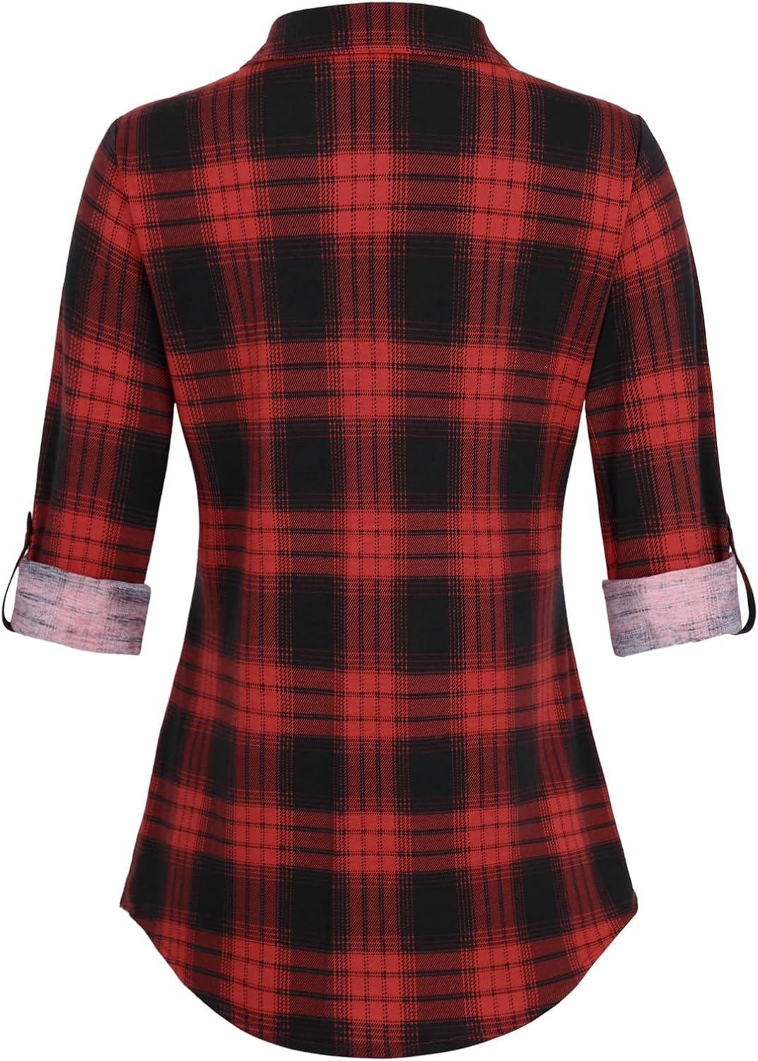 image:imageDJT Womens Soft Stretchy Knit Plaid Shirts Roll Up Long Sleeve Collared Button Down Blouses TopsRed Black Plaid