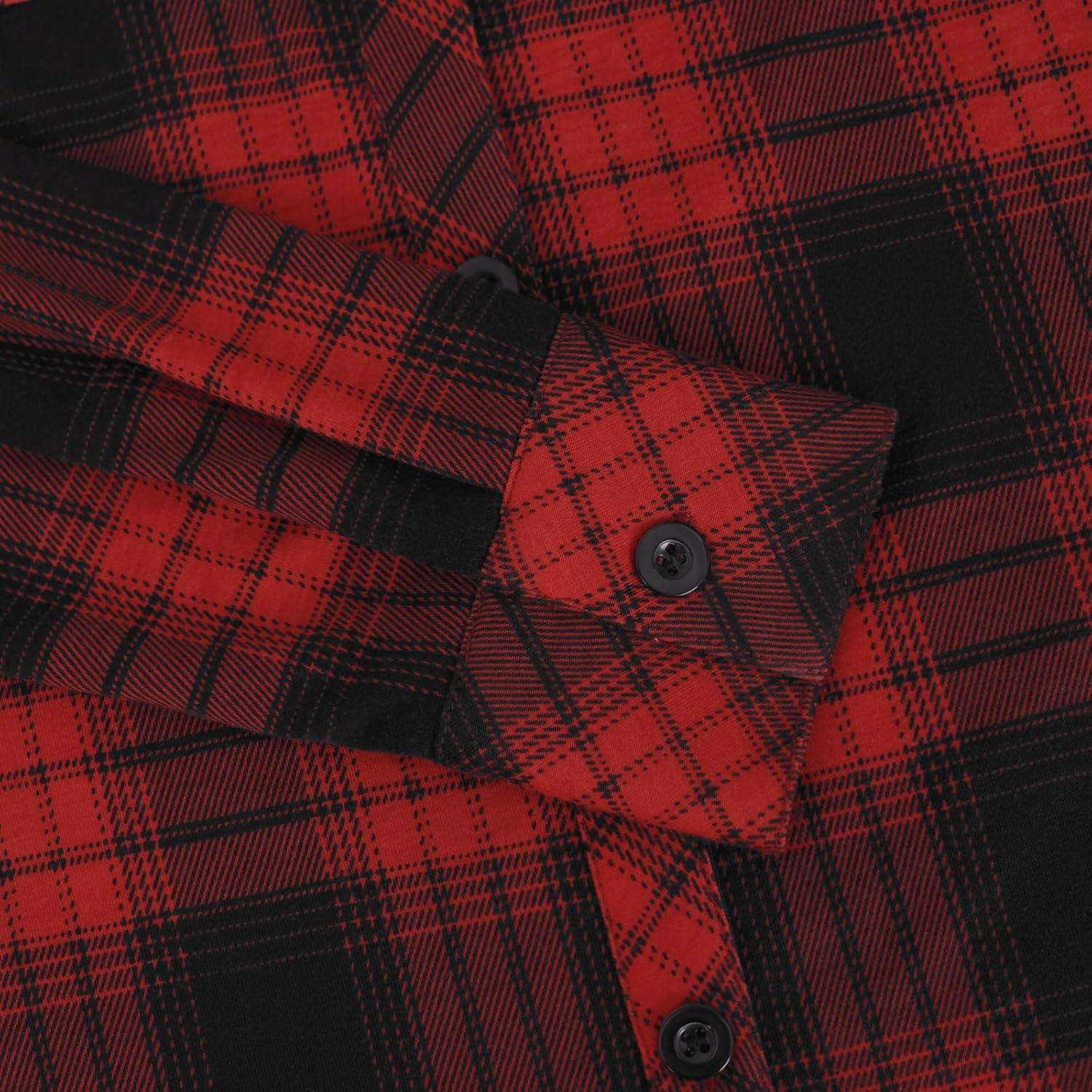 image:imageDJT Womens Soft Stretchy Knit Plaid Shirts Roll Up Long Sleeve Collared Button Down Blouses TopsRed Black Plaid