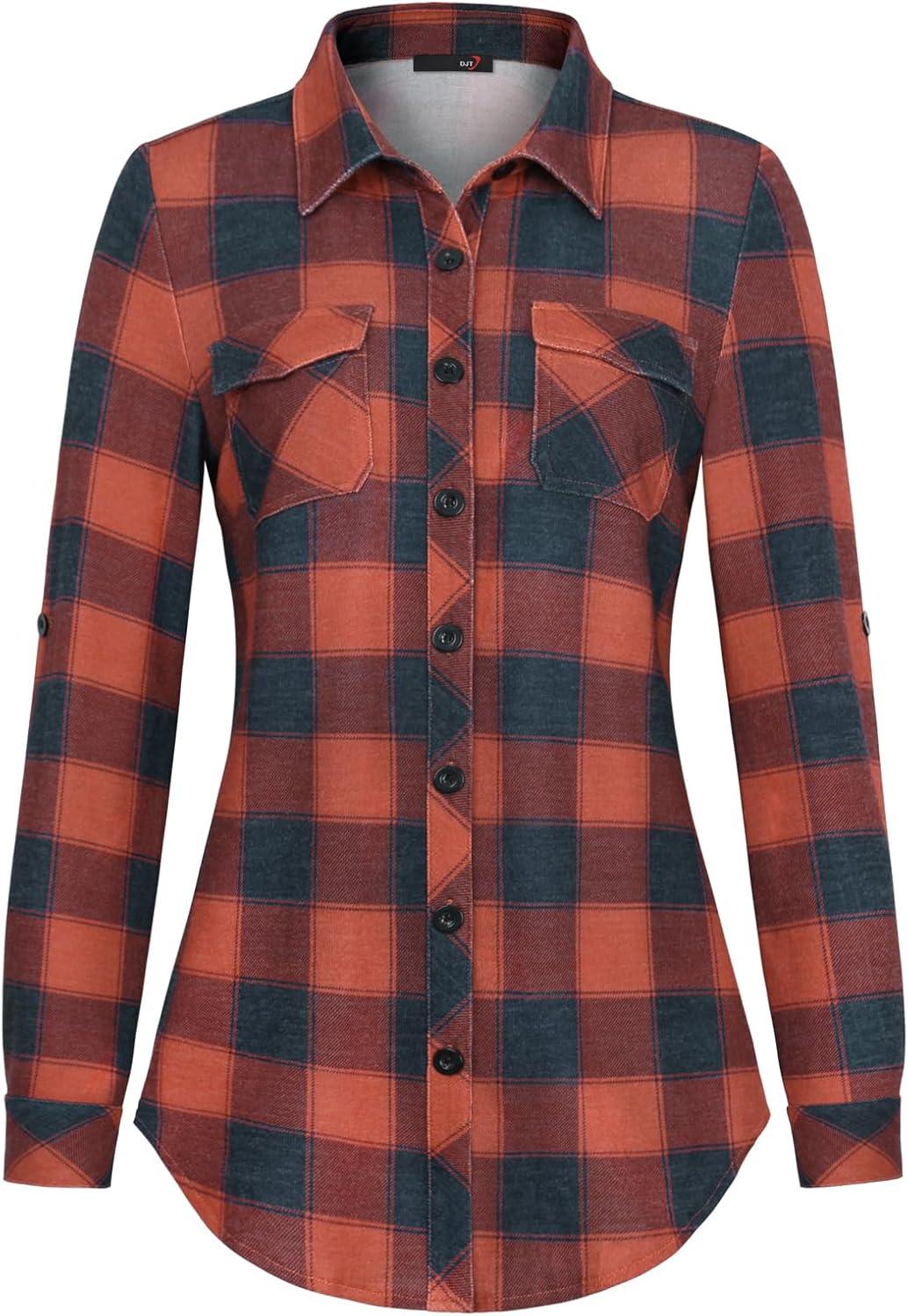image:imageDJT Womens Soft Stretchy Knit Plaid Shirts Roll Up Long Sleeve Collared Button Down Blouses TopsRednavy Blue