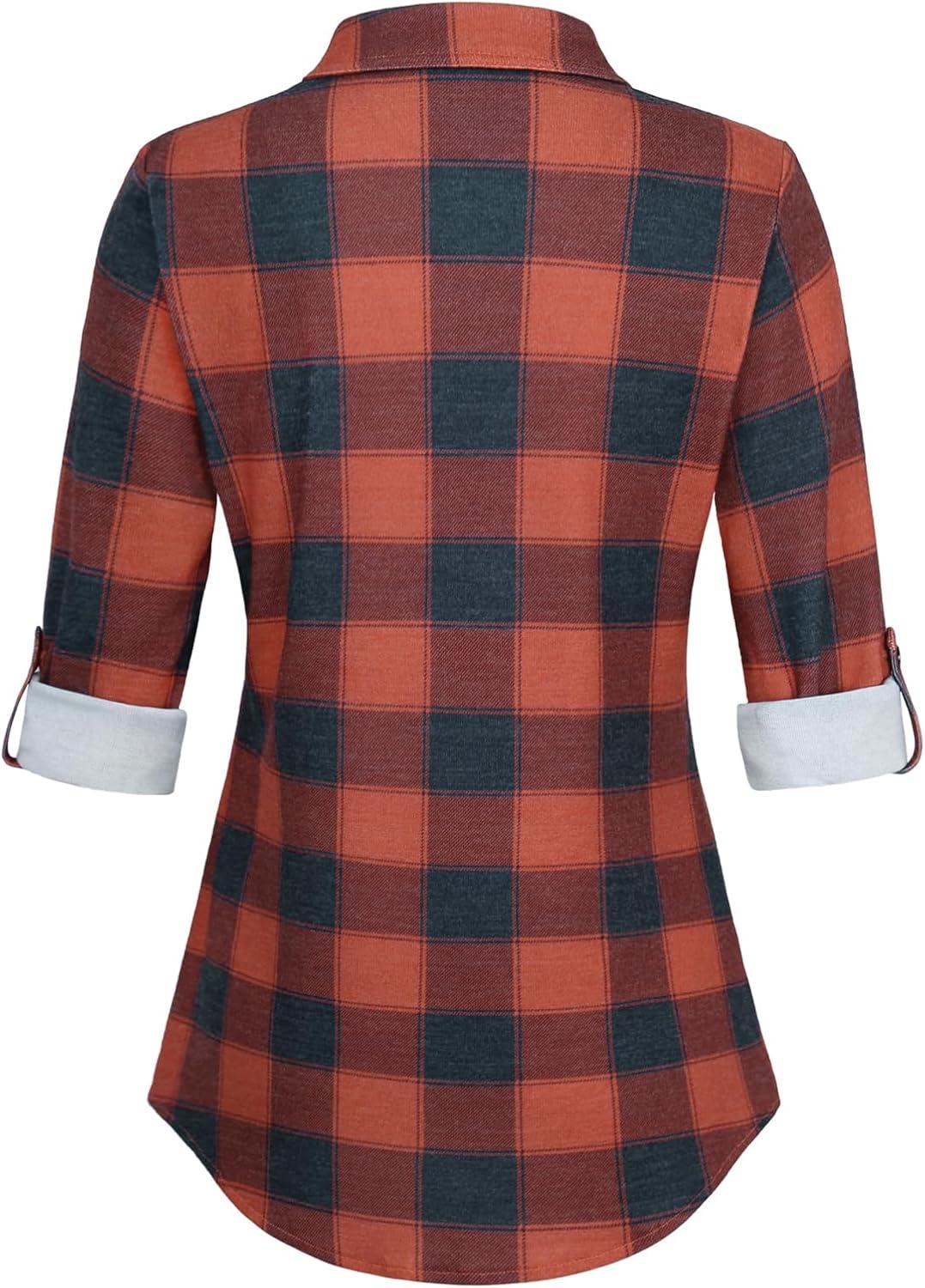 image:imageDJT Womens Soft Stretchy Knit Plaid Shirts Roll Up Long Sleeve Collared Button Down Blouses TopsRednavy Blue