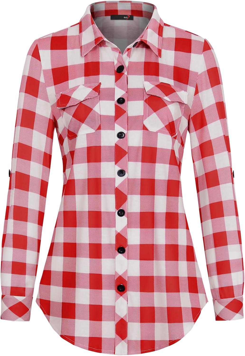 image:imageDJT Womens Soft Stretchy Knit Plaid Shirts Roll Up Long Sleeve Collared Button Down Blouses TopsRedwhite
