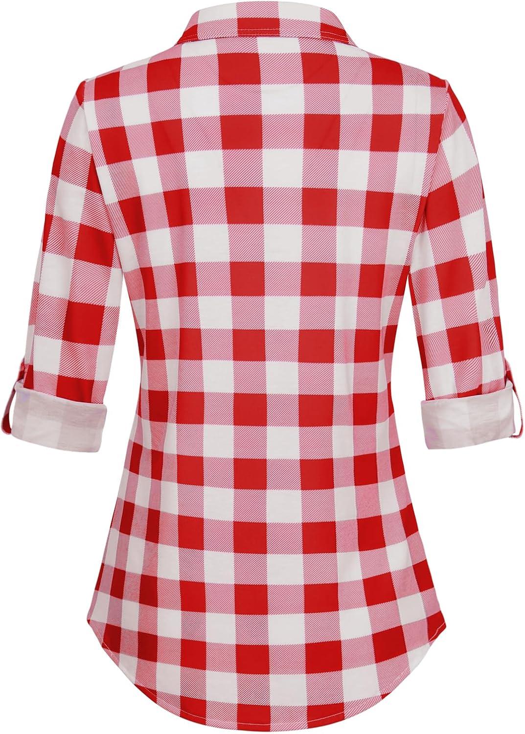 image:imageDJT Womens Soft Stretchy Knit Plaid Shirts Roll Up Long Sleeve Collared Button Down Blouses TopsRedwhite