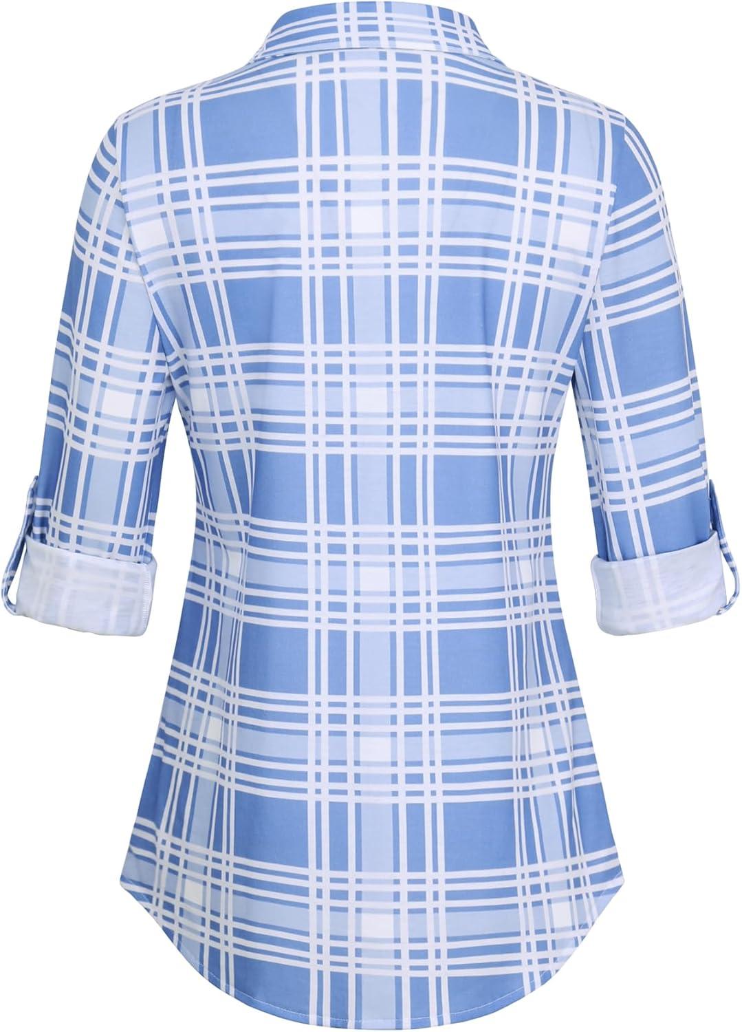 image:imageDJT Womens Soft Stretchy Knit Plaid Shirts Roll Up Long Sleeve Collared Button Down Blouses TopsSky Blue