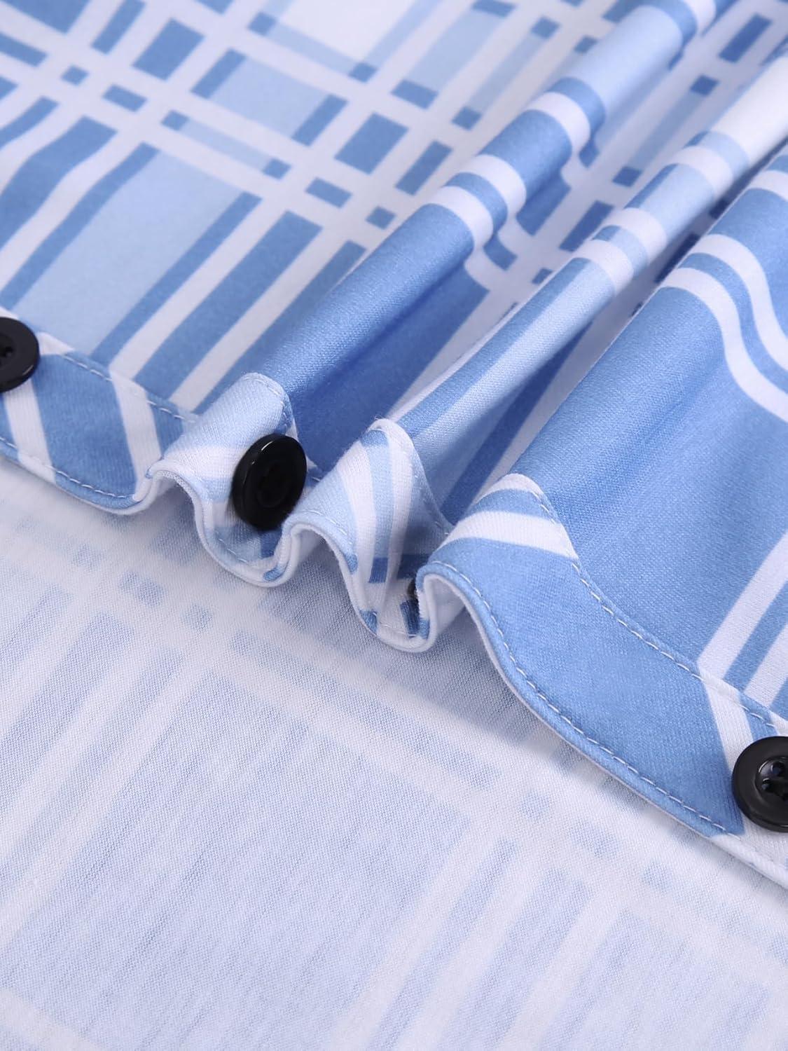 image:imageDJT Womens Soft Stretchy Knit Plaid Shirts Roll Up Long Sleeve Collared Button Down Blouses TopsSky Blue