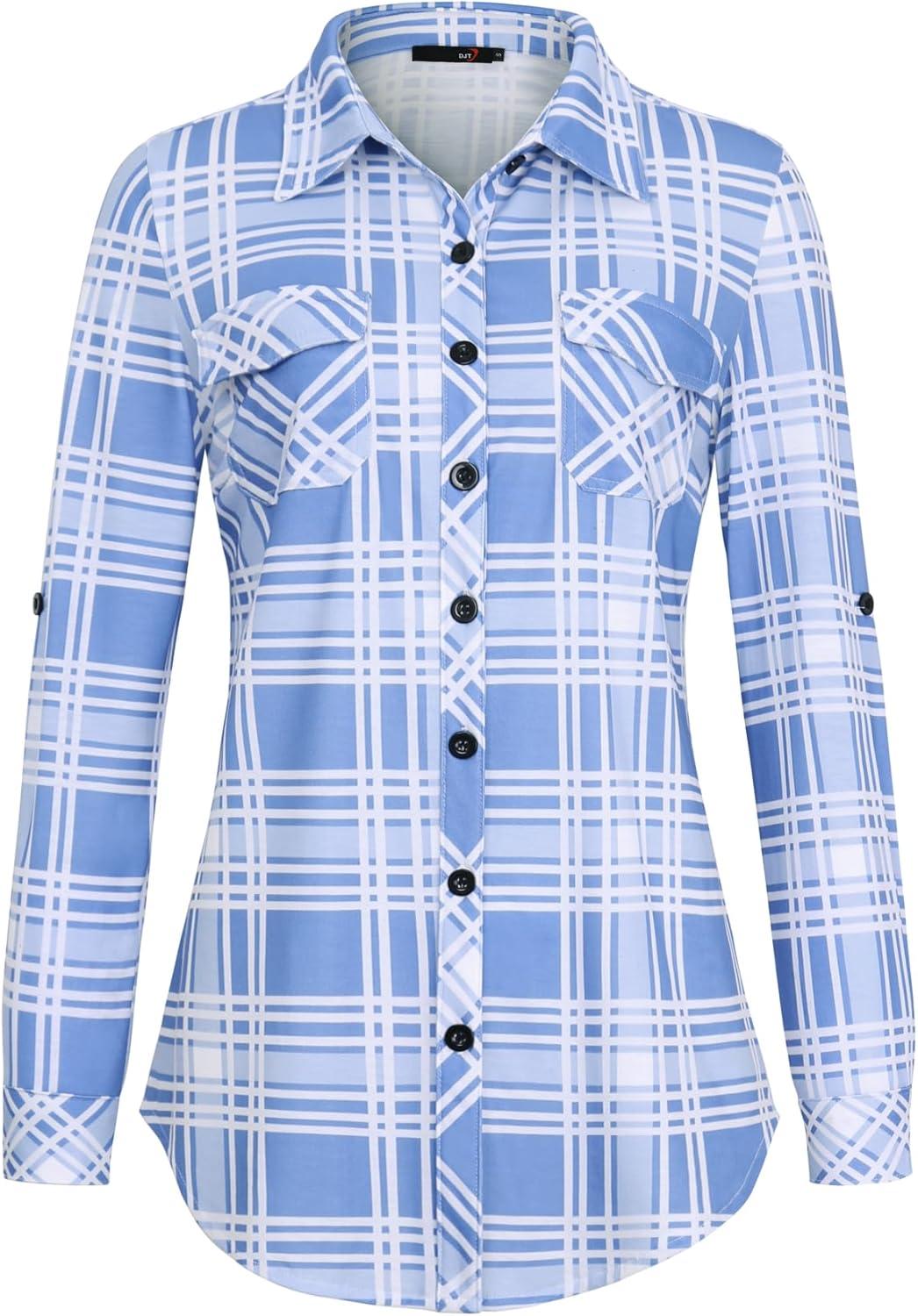 image:imageDJT Womens Soft Stretchy Knit Plaid Shirts Roll Up Long Sleeve Collared Button Down Blouses TopsSky Blue
