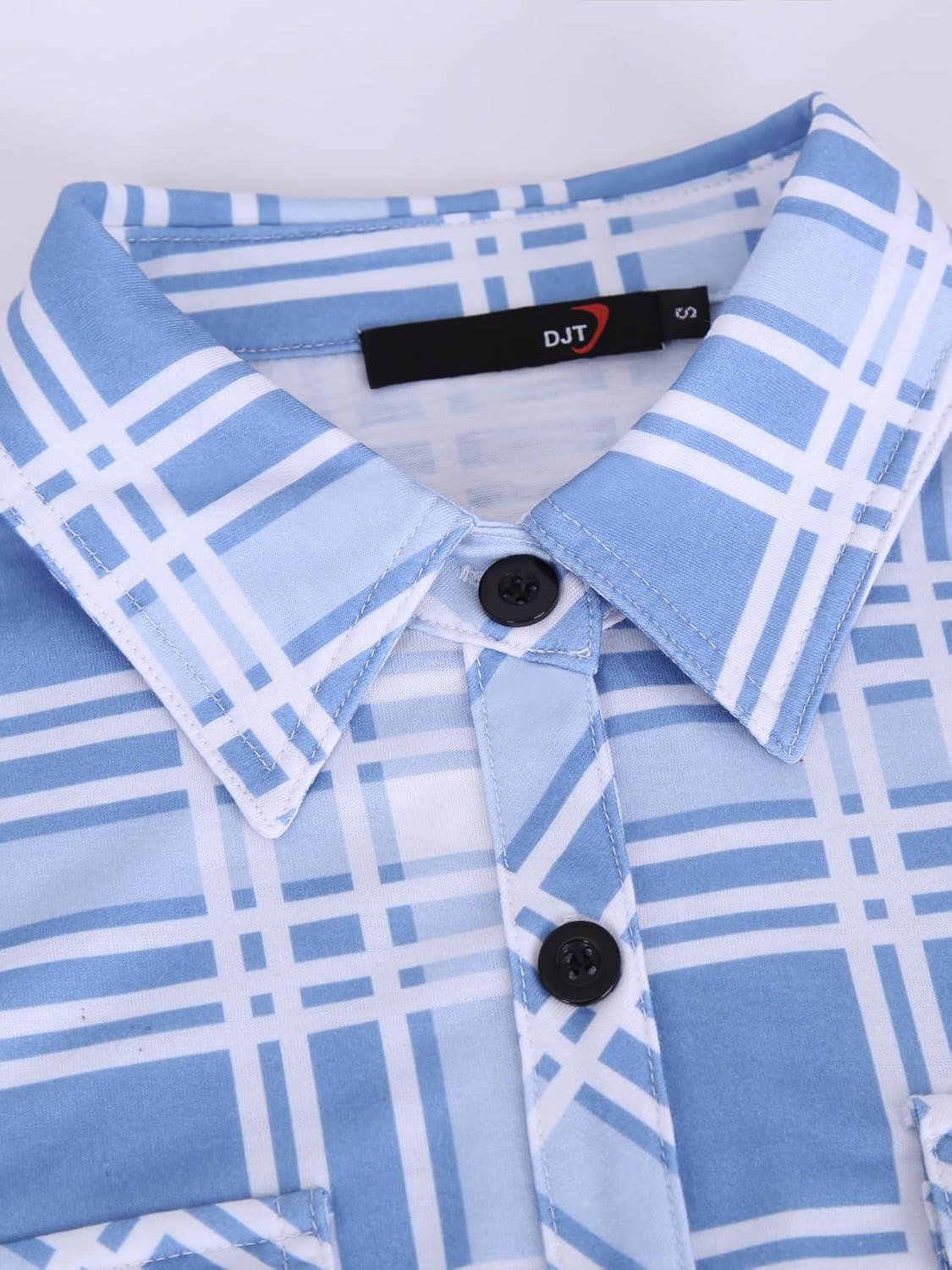 image:imageDJT Womens Soft Stretchy Knit Plaid Shirts Roll Up Long Sleeve Collared Button Down Blouses TopsSky Blue