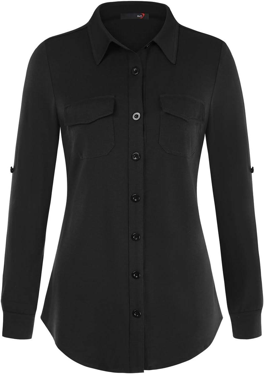 image:imageDJT Womens Soft Stretchy Knit Plaid Shirts Roll Up Long Sleeve Collared Button Down Blouses TopsSolid Black