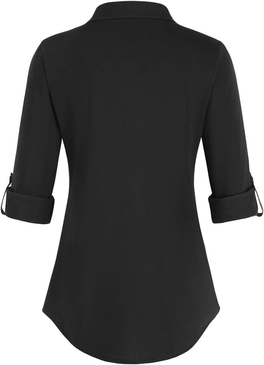 image:imageDJT Womens Soft Stretchy Knit Plaid Shirts Roll Up Long Sleeve Collared Button Down Blouses TopsSolid Black
