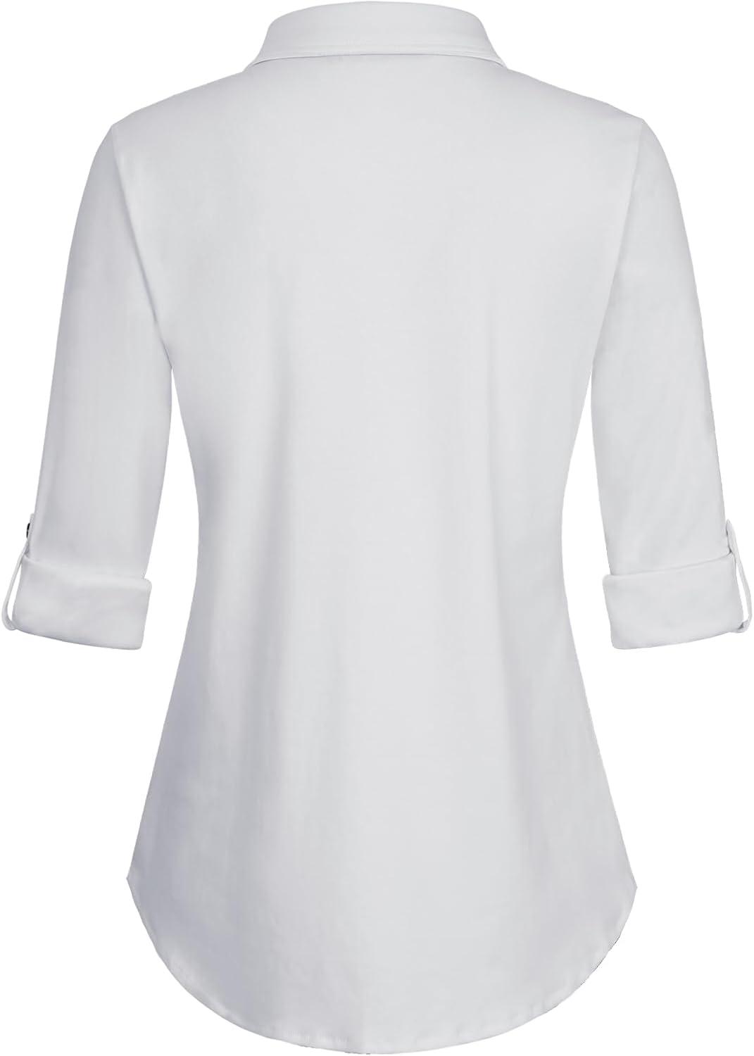 image:imageDJT Womens Soft Stretchy Knit Plaid Shirts Roll Up Long Sleeve Collared Button Down Blouses TopsSolid White