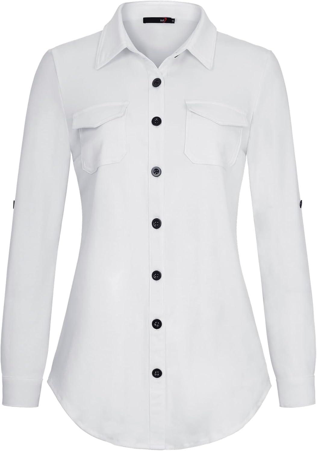image:imageDJT Womens Soft Stretchy Knit Plaid Shirts Roll Up Long Sleeve Collared Button Down Blouses TopsSolid White
