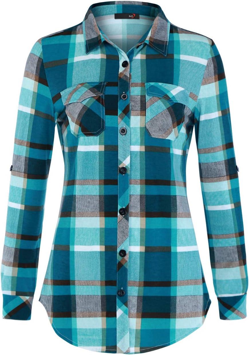 image:imageDJT Womens Soft Stretchy Knit Plaid Shirts Roll Up Long Sleeve Collared Button Down Blouses TopsTurquoise
