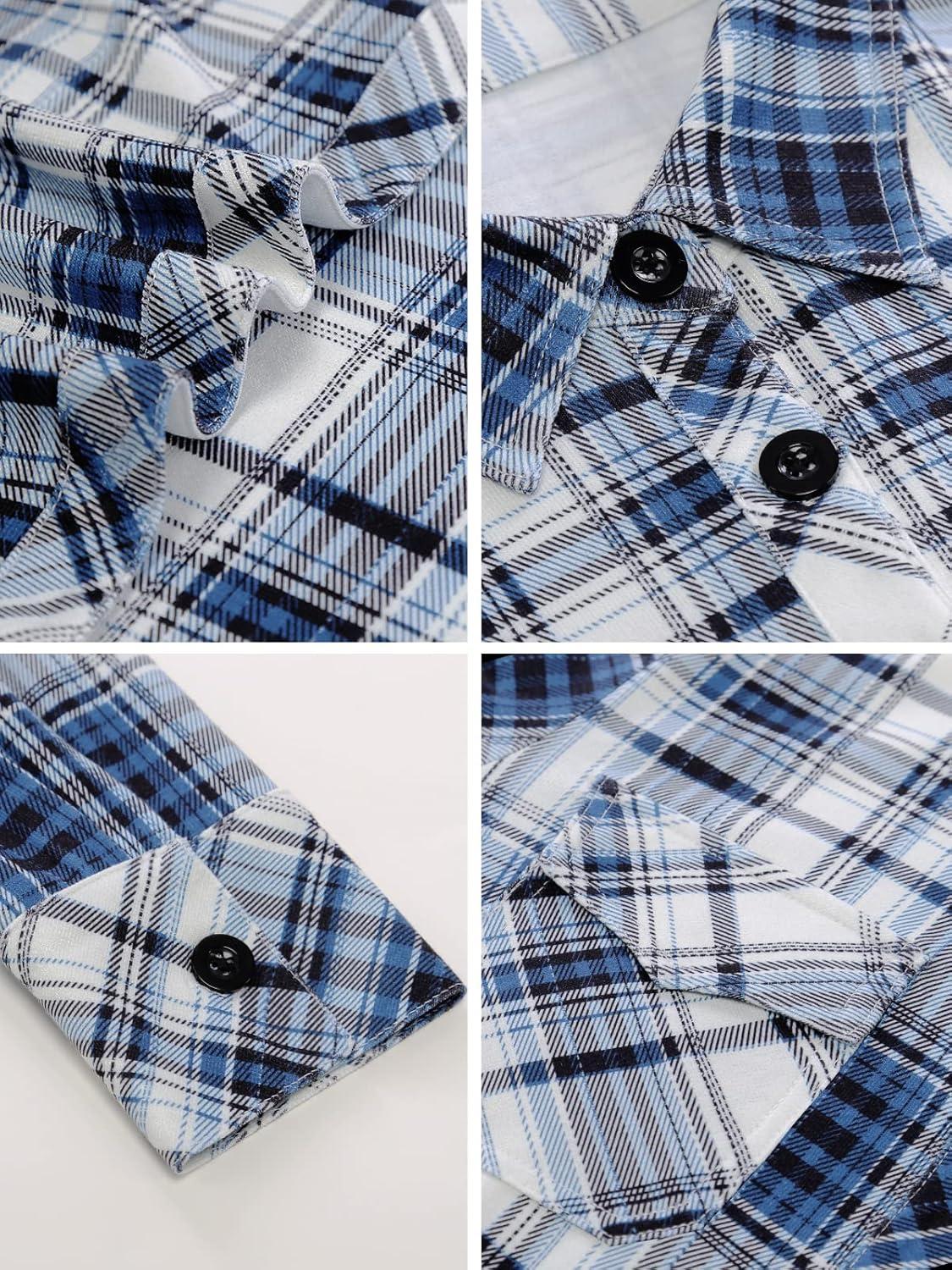 image:imageDJT Womens Soft Stretchy Knit Plaid Shirts Roll Up Long Sleeve Collared Button Down Blouses TopsUpgrade Thicken Fabricblue Plaid