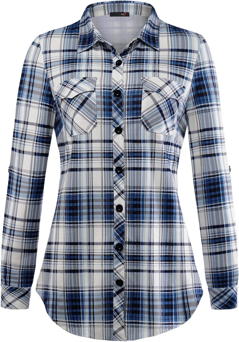 image:imageDJT Womens Soft Stretchy Knit Plaid Shirts Roll Up Long Sleeve Collared Button Down Blouses TopsUpgrade Thicken Fabricblue Plaid