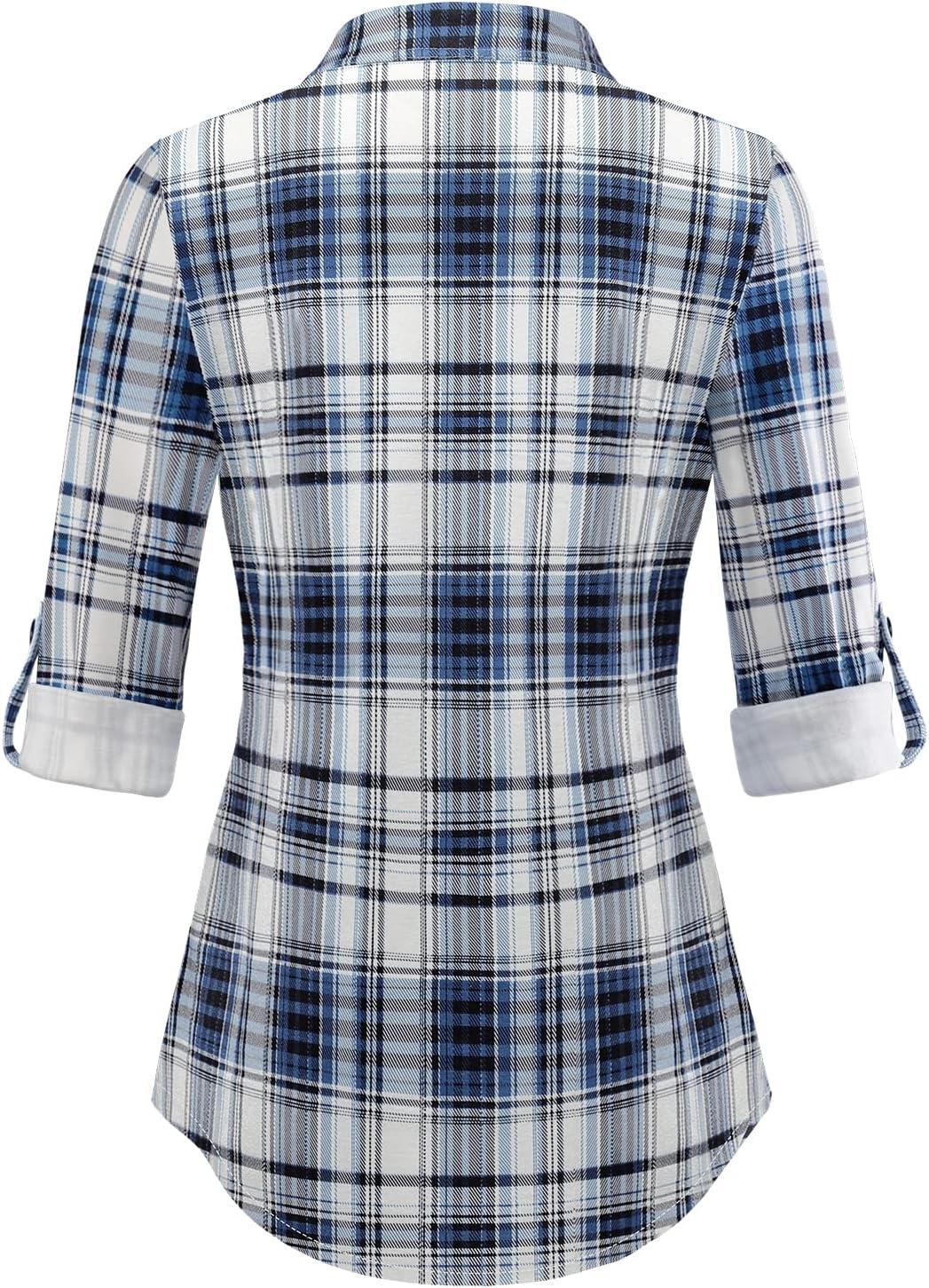 image:imageDJT Womens Soft Stretchy Knit Plaid Shirts Roll Up Long Sleeve Collared Button Down Blouses TopsUpgrade Thicken Fabricblue Plaid