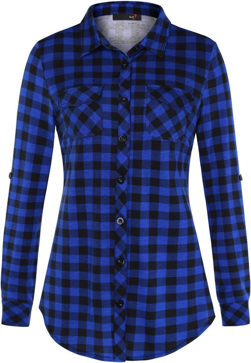image:imageDJT Womens Soft Stretchy Knit Plaid Shirts Roll Up Long Sleeve Collared Button Down Blouses TopsVibrant Blue