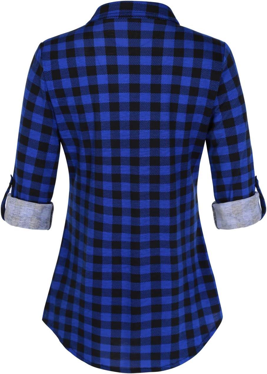 image:imageDJT Womens Soft Stretchy Knit Plaid Shirts Roll Up Long Sleeve Collared Button Down Blouses TopsVibrant Blue