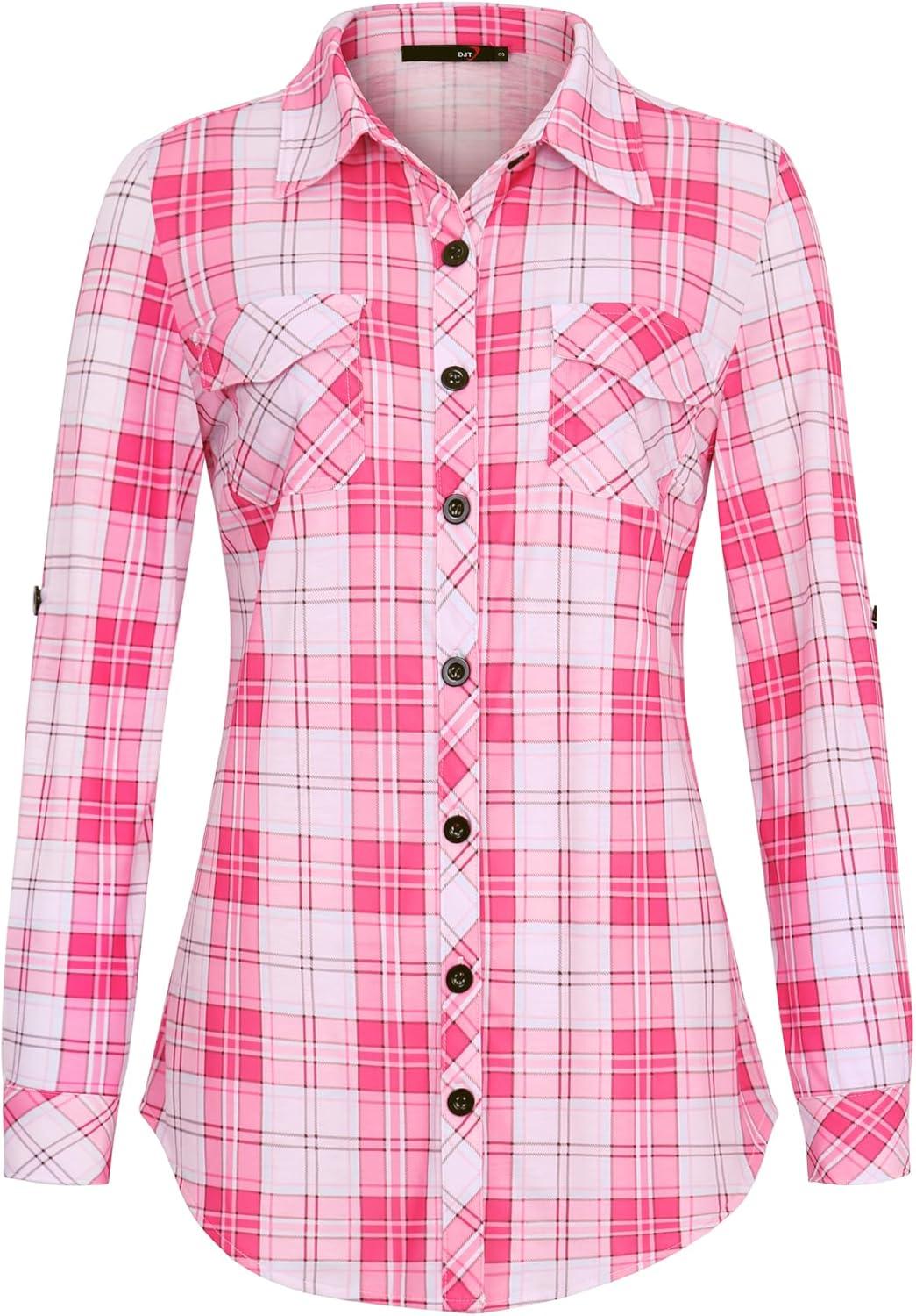 image:imageDJT Womens Soft Stretchy Knit Plaid Shirts Roll Up Long Sleeve Collared Button Down Blouses TopsVibrant Pink