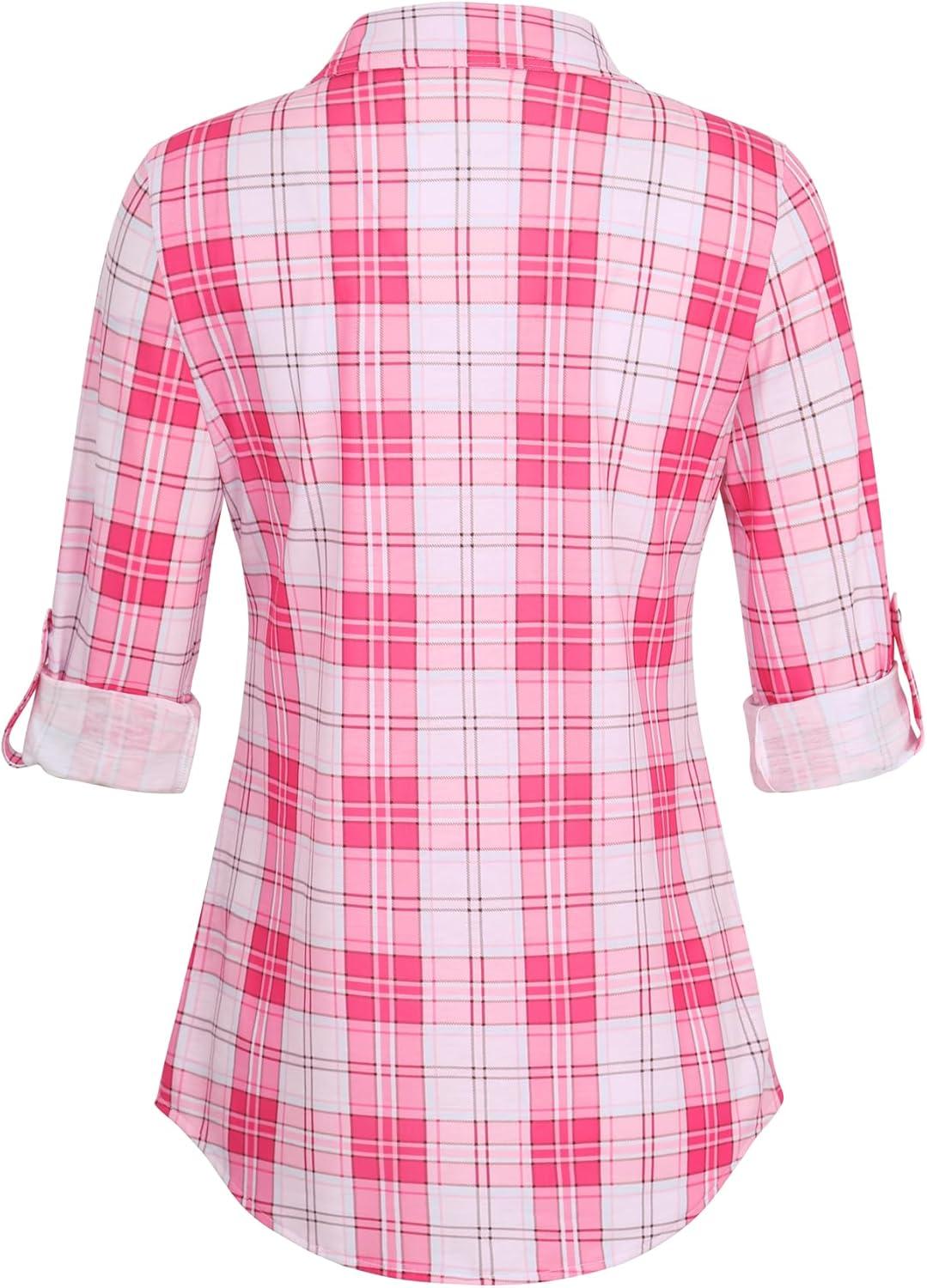 image:imageDJT Womens Soft Stretchy Knit Plaid Shirts Roll Up Long Sleeve Collared Button Down Blouses TopsVibrant Pink
