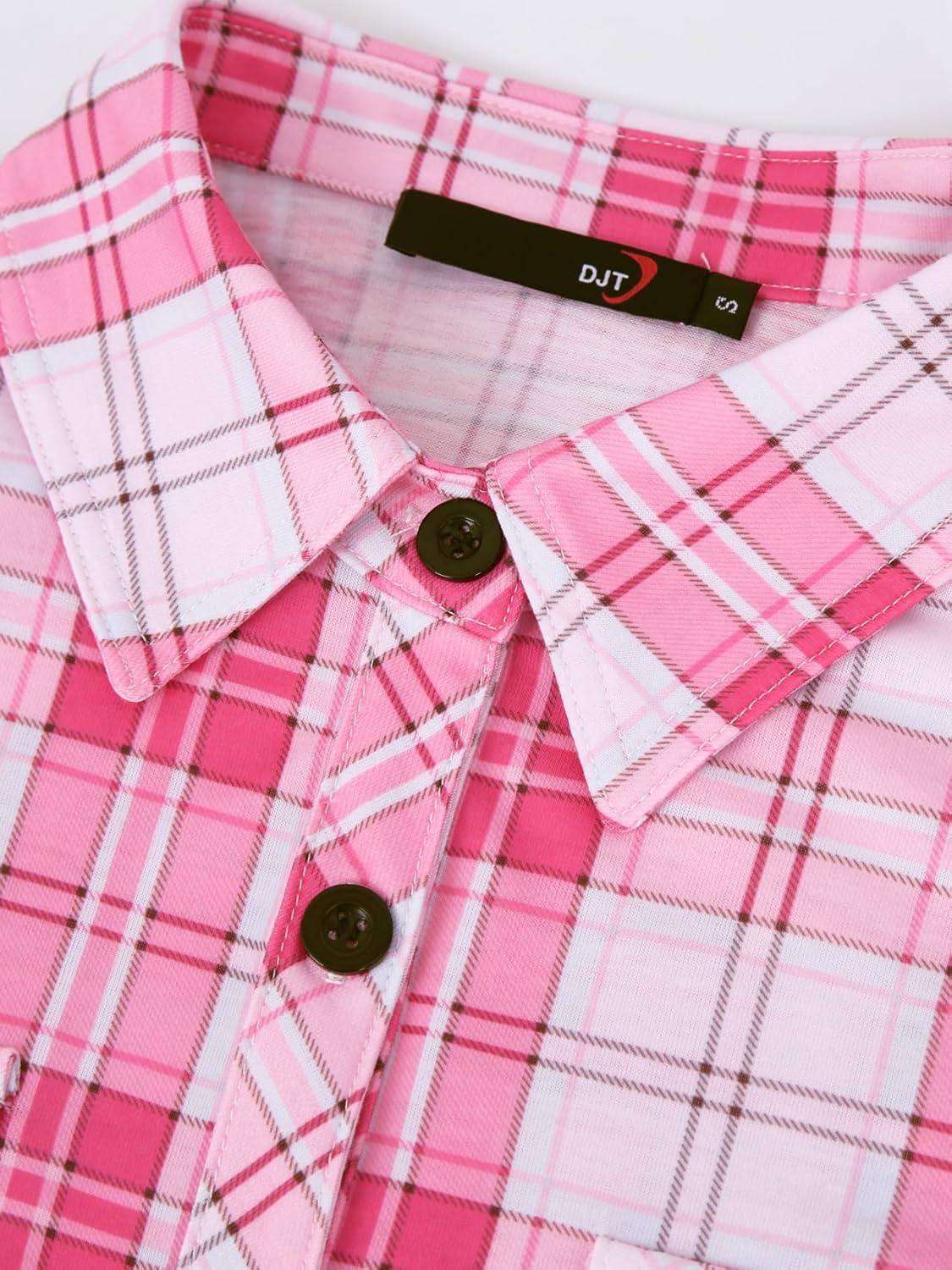 image:imageDJT Womens Soft Stretchy Knit Plaid Shirts Roll Up Long Sleeve Collared Button Down Blouses TopsVibrant Pink